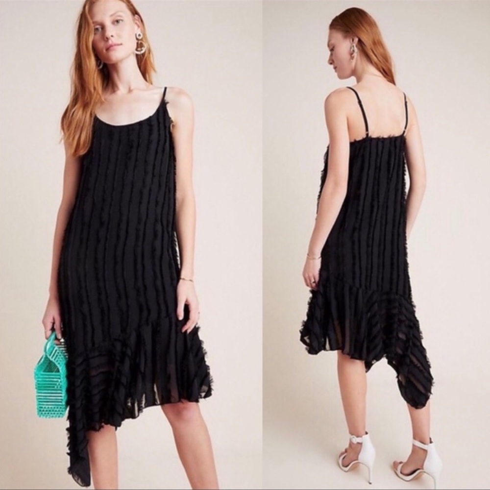 Anthropologie Eri + Ali‎ Asymmetrical Fringed Black Slip Dress